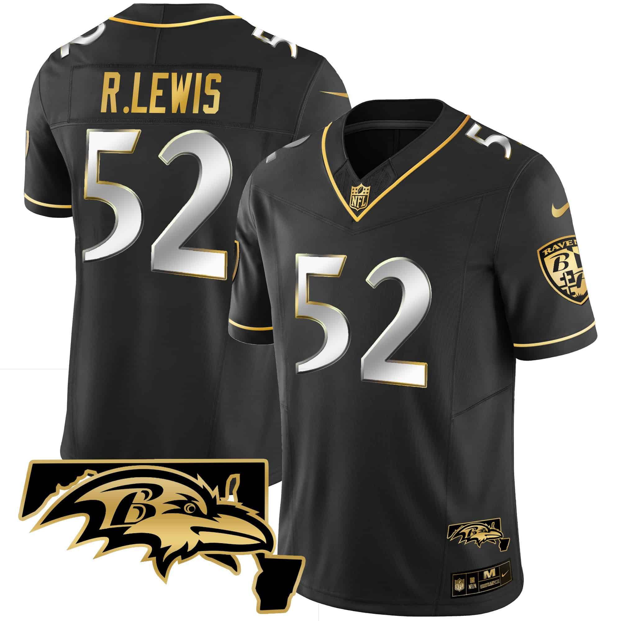 Men Baltimore Ravens 52 R.Lewis Black Gold 2024 Nike Maryland Patch Vapor Limited NFL Jersey style 1